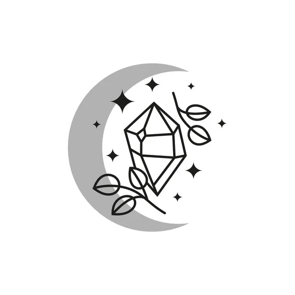 Luna Bohemia Con Contorno Cristal Ramas Frondosas Estrellas Aisladas Sobre — Vector de stock
