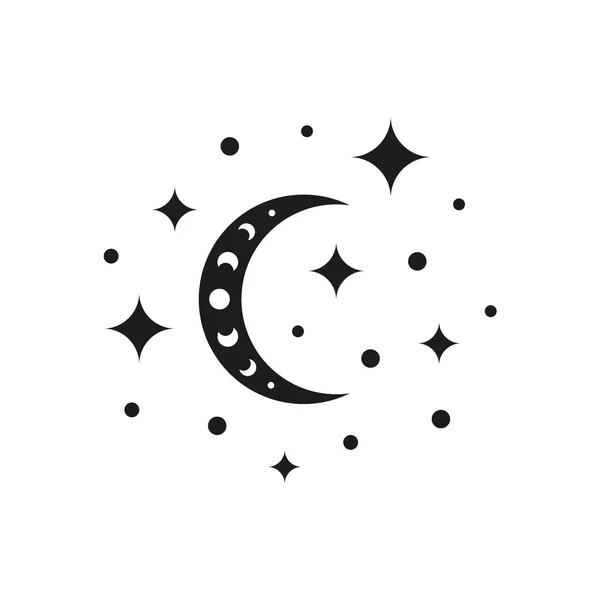 Croissant Bohème Avec Phases Lune Étoiles Isolées Sur Fond Blanc — Image vectorielle