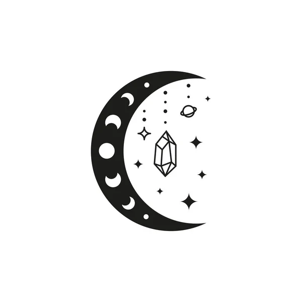 Media Luna Bohemia Con Fases Lunares Contorno Cristalino Planeta Estrellas — Vector de stock