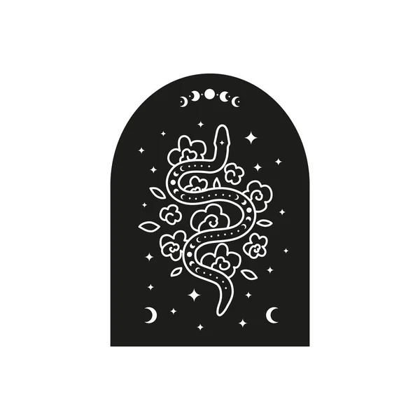 白い背景に孤立した黒い枠に月相 葉を持つ天体のアウトラインBohoヘビ ボヘミアン 爬虫類 神秘的なイラスト 魔法のタトゥーデザイン 錬金術シンボル — ストックベクタ