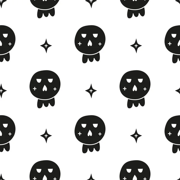 Patrón Sin Costura Halloween Blanco Negro Con Calaveras Garabato Estrellas — Archivo Imágenes Vectoriales