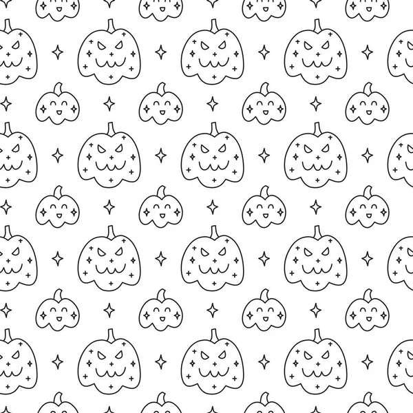 Черно Белый Хэллоуин Бесшовный Рисунок Каракулями Контур Жуткие Тыквы Фон — стоковый вектор
