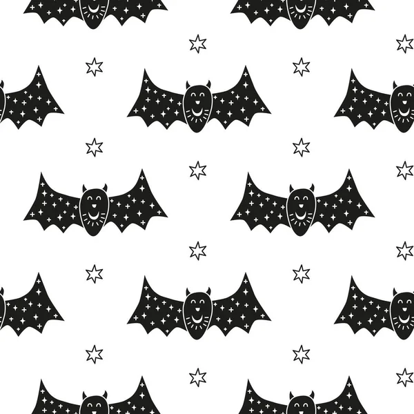 Padrão Sem Costura Halloween Preto Branco Com Morcegos Doodle Estrelas — Vetor de Stock