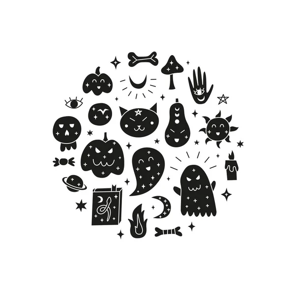 Піктограми Doodle Halloween Включаючи Гарбузи Привиди Руки Сонце Місяць Гриби — стоковий вектор