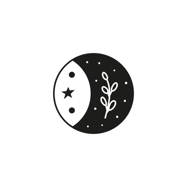 Handgezeichnete Schwarze Himmlische Bohème Mondsymbole Mit Grünen Zweigen Sternen Und — Stockvektor