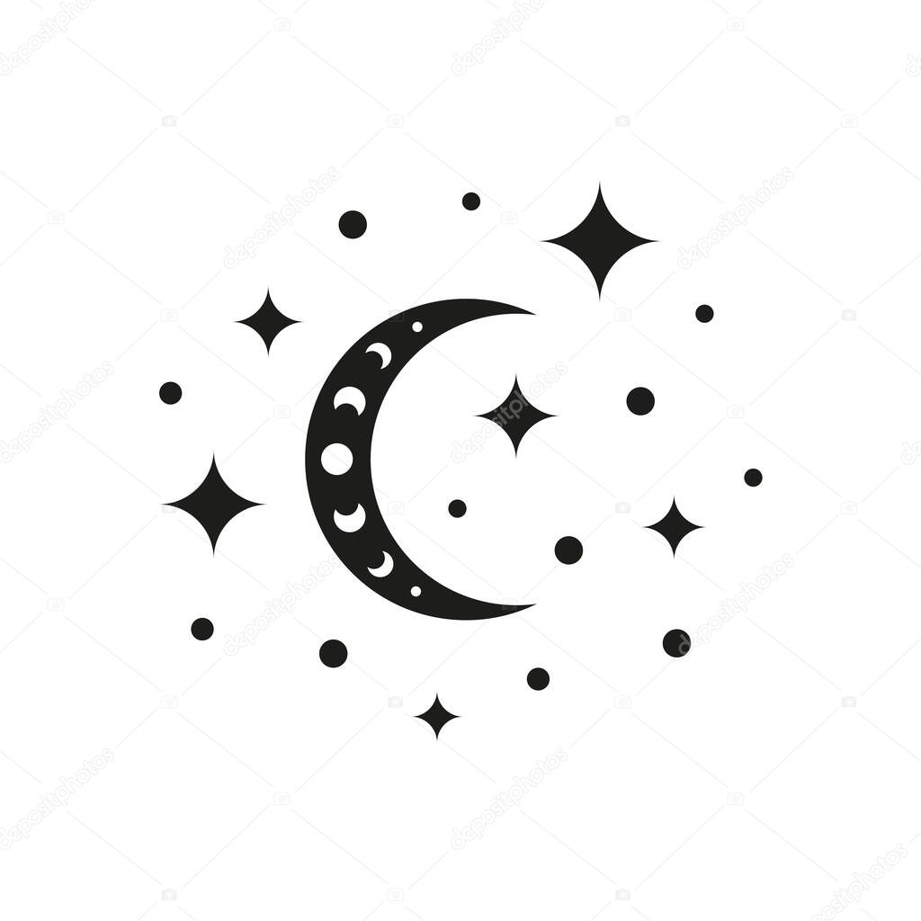 Bohemian crescent with moon phases and stars isolated on white background. Witchy luna. Alchemy esoteric magic talisman. Mystical symbol.