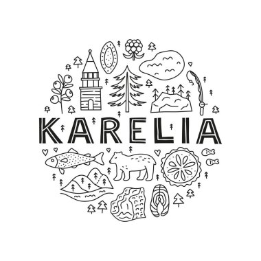 Göl, şelale, kayalar, Kizhi çan kulesi, çam, turta, tekne, kızılcık, alabalık balığı, ayı ve daire şeklinde harf içeren Karelia simgeleri.