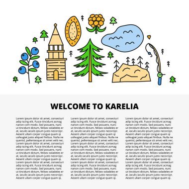 Yaban mersini, Kizhi 'nin çan kulesi, göl, çan kulesi, çam, kayalar, bulut üzümü, turta ve beyaz arkaplanda izole edilmiş balıkçı oltası içeren metin ve karalama renkli Karelya simgeleri için alan şablonu.