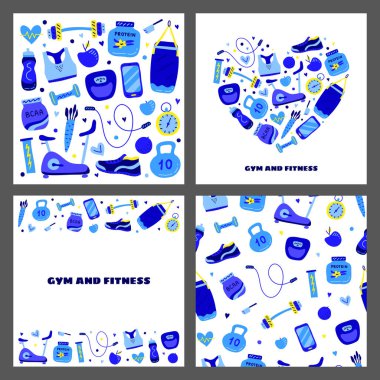 Spor bisikleti, spor sutyeni, şişe, beyaz protein, bcaa, izotonik içecek, halter, halter, ağırlık, atlama ipi, gri arka planda spor ayakkabısı içeren renkli spor salonu ve fitness simgeleri içeren kartlar..