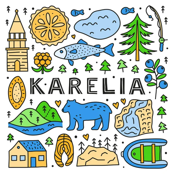 Póster Con Letras Garabatos Color Karelia Iconos Incluyendo Lago Cascada — Archivo Imágenes Vectoriales