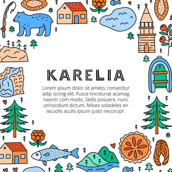 Póster Con Letras Garabatos Color Karelia Iconos Incluyendo Lago Cascada — Archivo Imágenes Vectoriales