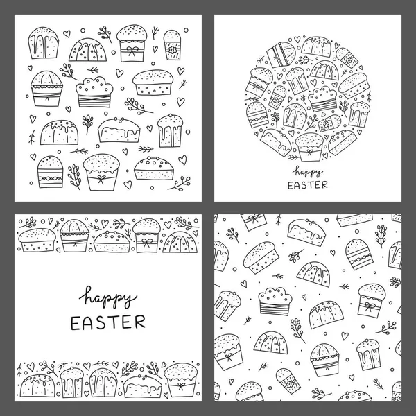Set Cards Doodle Outline Easter Kulich Cakes Christmas Panettones Pussy — Stok Vektör