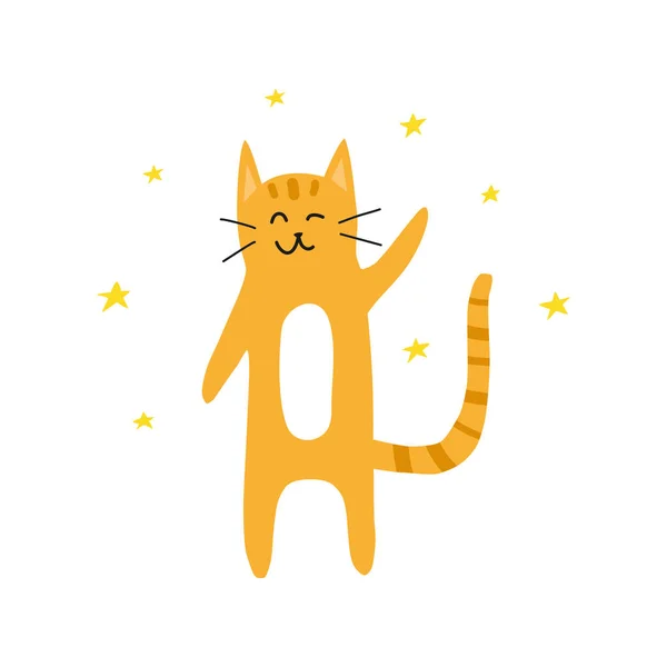 Cute Doodle Yellow Ginger Welcoming Winking Cat Stars Isolated White — Stock Vector