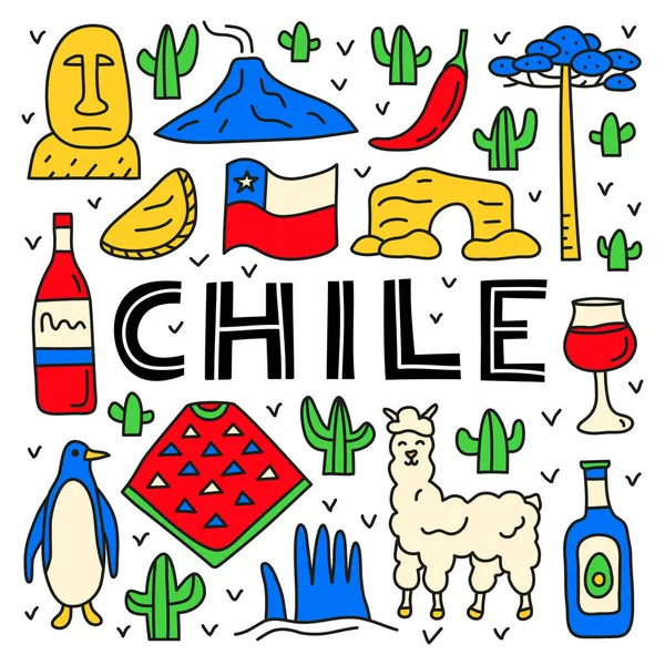 Плакат Надписью Каракулями Цветных Чилийских Икон Включая Статую Острова Пасхи — стоковый вектор