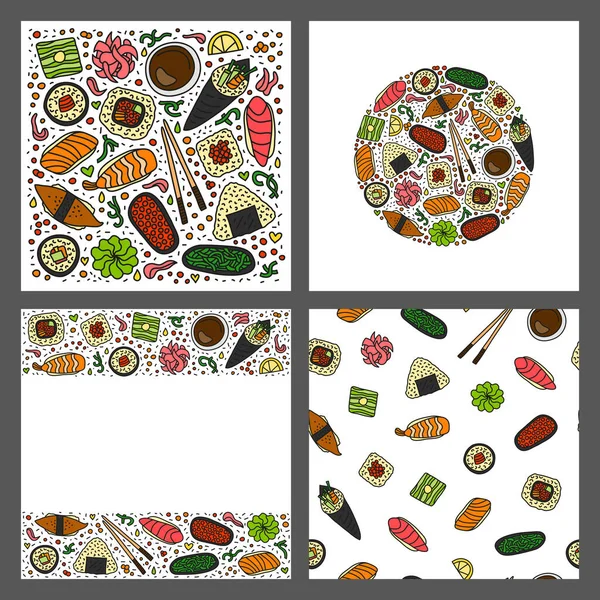 Conjunto Cartas Con Doodle Color Sushi Asiático Rollos Aislados Sobre — Vector de stock