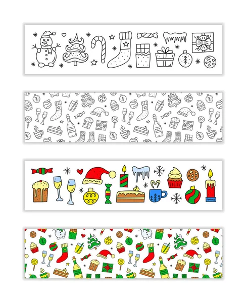 Banderas Horizontales Con Doodle Navidad Año Nuevo Iconos Incluyendo Muñeco — Vector de stock
