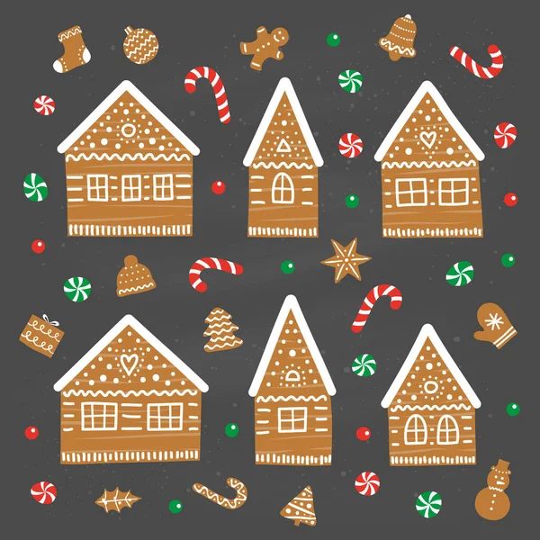 Állítsa Doodle Mézeskalács Édes Házak Dekoratív Jegesedés Cookie Cukorka Körül — Stock Vector