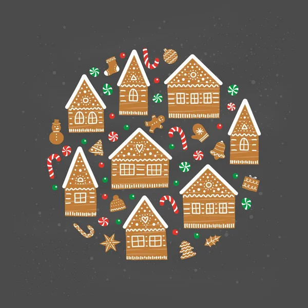 Doodle Peperkoek Zoete Huizen Met Decoratieve Glazuur Koekjes Snoepjes Samengesteld — Stockvector