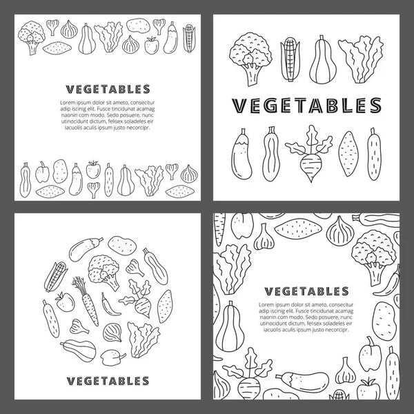 Conjunto Cartões Com Doodle Bonito Delinear Ícones Vegetais Alimentos Incluindo — Vetor de Stock