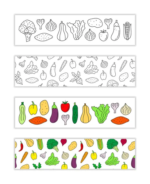 Banderas Horizontales Con Lindas Verduras Doodle Incluyendo Brócoli Ajo Pepino — Vector de stock