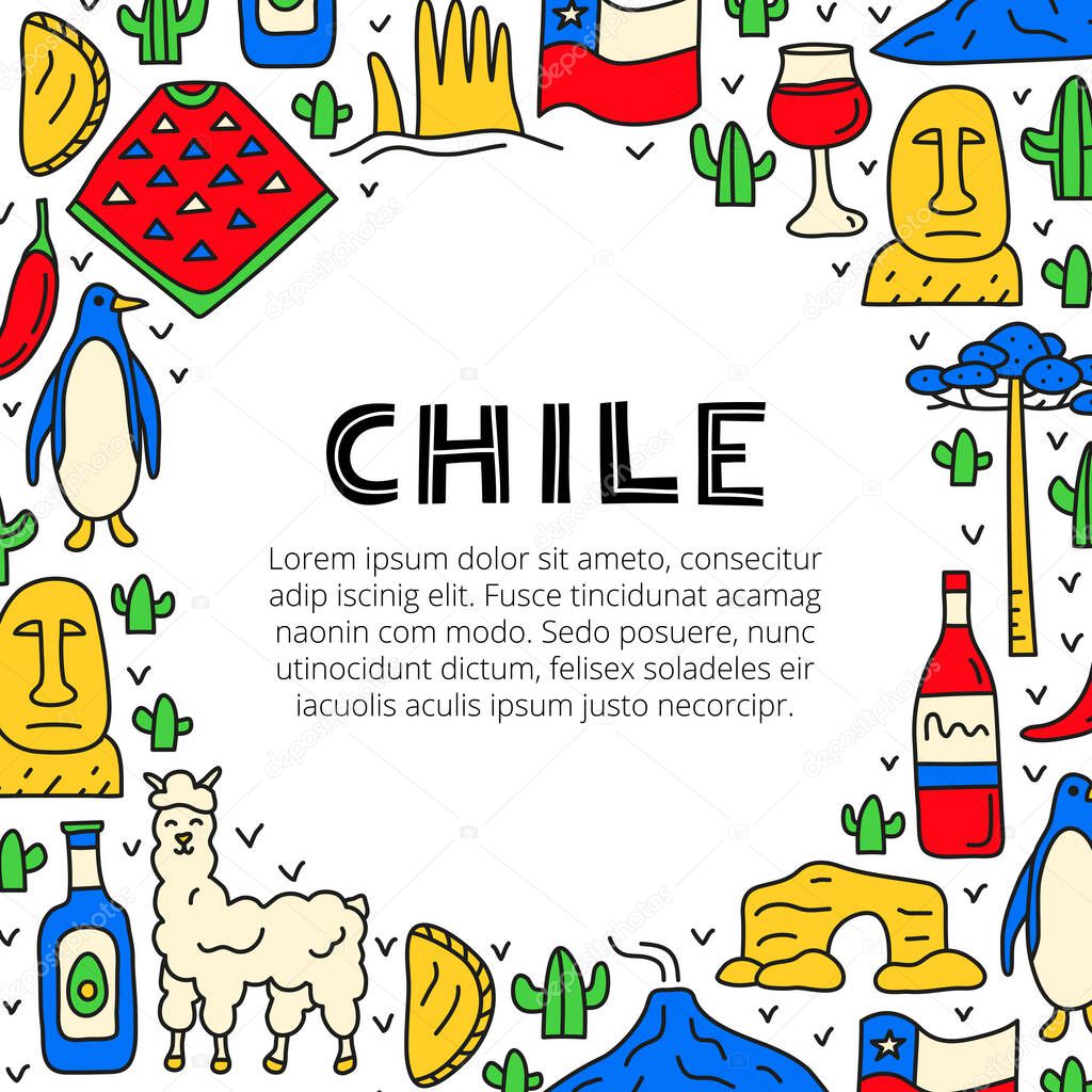 Poster with lettering and doodle colored Chile icons including Easter island statue, Villarrica volcano, araucaria tree, empanadas, penguin, poncho, alpaca, avocado oil isolated on white background.