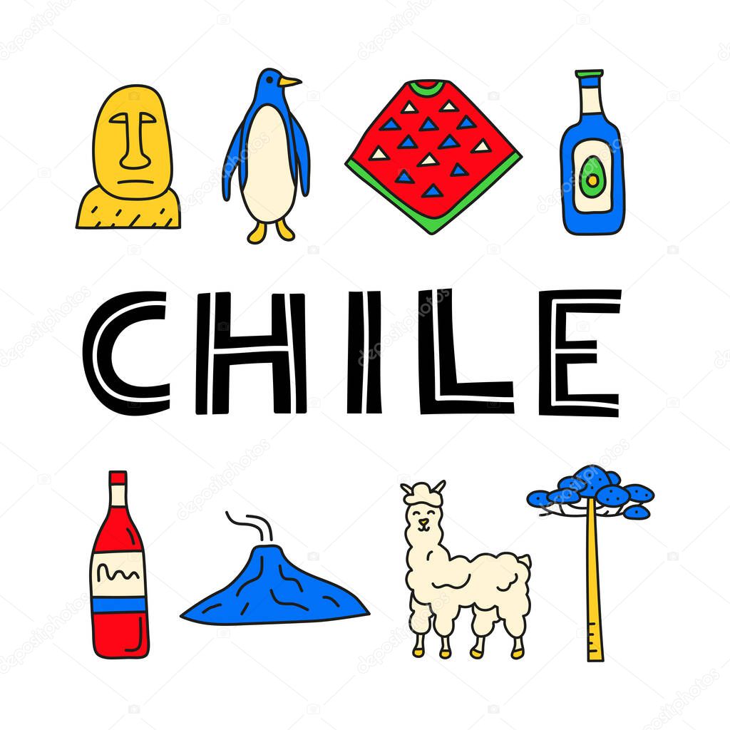 Poster with lettering and doodle colored Chile icons including Easter island statue, Villarrica volcano, araucaria tree, penguin, poncho, alpaca, avocado oil, wine bottle isolated on white background.