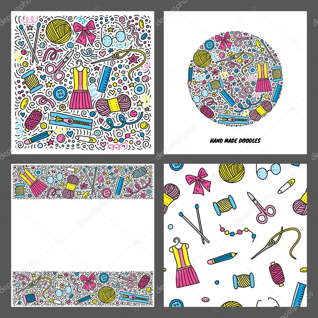 Set of cards with doodle colored hand made icons isolated on grey background.