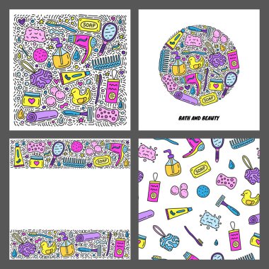 İçinde sabun, diş macunu, fırça, havlu, el aynası ve gri arka planda izole edilmiş saç kurutma makinesi bulunan renkli karalama banyoları ve hijyen ikonları. Kompozisyon, poster ve kusursuz desen.