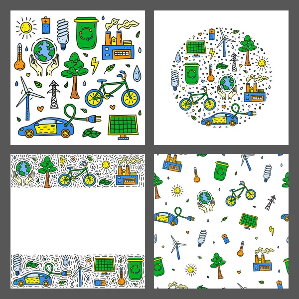 Ensemble Cartes Avec Des Icônes Écologie Doodle Colorées Isolées Sur — Image vectorielle
