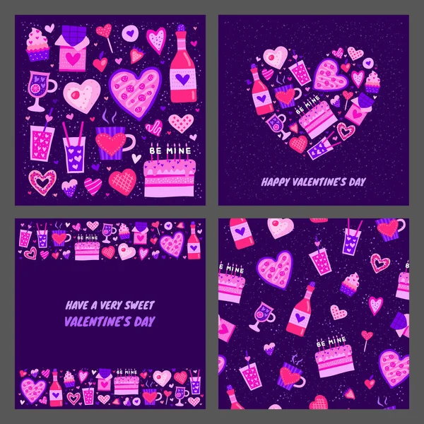 Conjunto Tarjetas Con Lindo Colorido Doodle Dulce Día San Valentín — Vector de stock