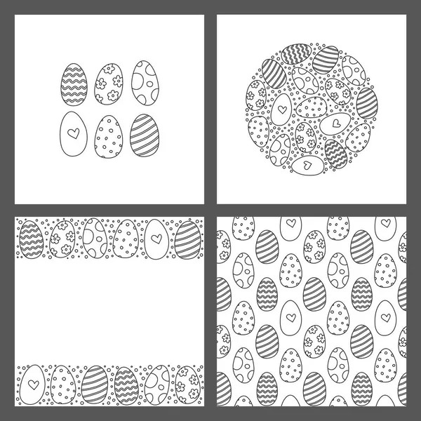 Set Cards Outline Doodle Decorative Easter Eggs Isolated Grey Background — Stock Vector