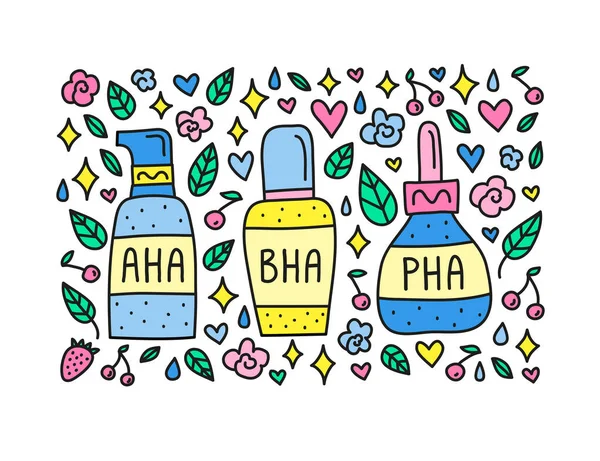 Doodle Aha Bha Pha Kosmetikflaschen Und Dekorativen Elementen Rund Isoliert — Stockvektor