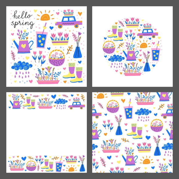 Conjunto Cartões Com Ícones Bonitos Coloridos Primavera Sazonal Doodle Isolado — Vetor de Stock