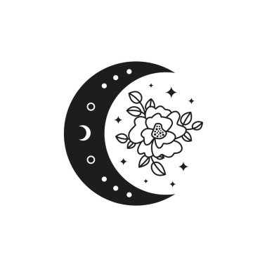 Beyaz arka planda izole edilmiş siyah bohem hilal çiçekli. Mistik cadı illüstrasyonu. Boho şık silueti.