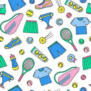 Kusursuz desenli karalama büyük tenis ve spor eşyaları, ekipman, giysiler.