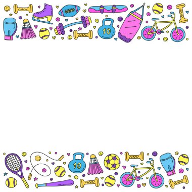 Karalama renkli spor öğeleri olan poster, beyaz arkaplanda ekipman.