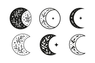 Beyaz arka planda yapraklı dalları ve yıldızları olan boho çiçekli bir ay seti. Cadı Luna. Simya esrarengiz büyü tılsımı. Mistik Hilal.