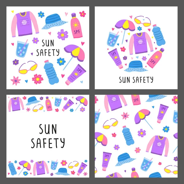 Conjunto Cartões Com Doodle Ícones Coloridos Segurança Solar Isolados Fundo — Vetor de Stock