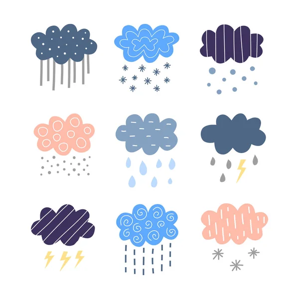 Ensemble Nuages Scandinaves Colorés Mignons Pluvieux Enneigés Orageux Pour Affiches — Image vectorielle