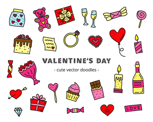 Conjunto Lindo Doodle Coloreado Iconos San Valentín Incluyendo Pastel Velas — Vector de stock