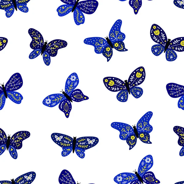 Modèle Sans Couture Avec Des Papillons Doodle Décoratifs Bleus Dans — Image vectorielle