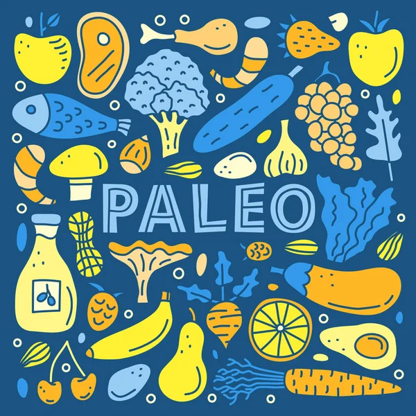 Poster Lettering Paleo Doodle Colorful Foods Including Fish Meat Vegetables — Stock Vector