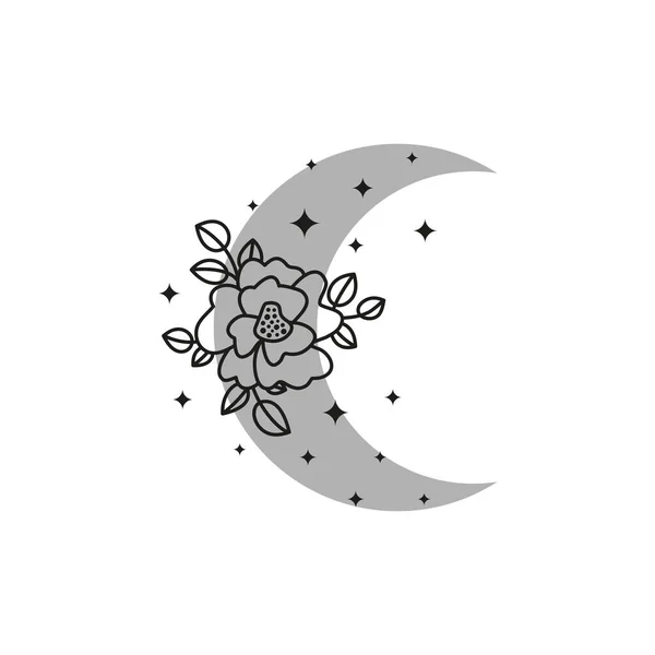 Graue Böhmische Mondsichel Mit Umrissener Blume Auf Weißem Hintergrund Mystisch — Stockvektor