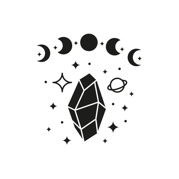 Fases Luna Celeste Negra Dibujadas Mano Con Cristal Planeta Estrellas — Vector de stock