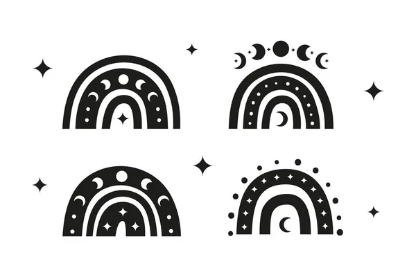 白い背景に隔離されたムーンフェイズ ドット 三日月形の黒い天体のBoho虹 ボヘミアンベビーイラスト — ストックベクタ