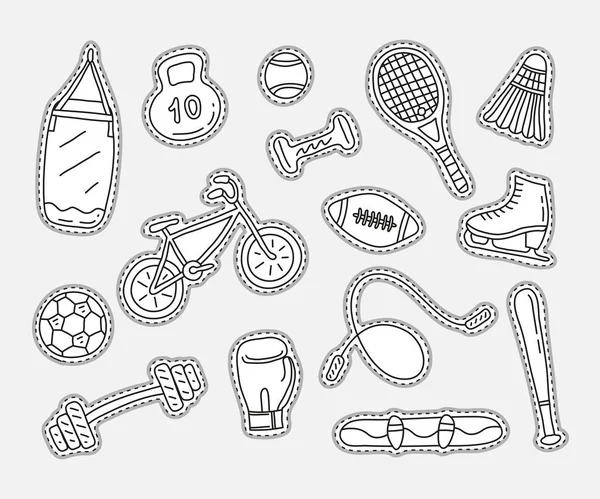 Set Van Ongekleurde Sport Doodle Stickers Geïsoleerd Grijze Achtergrond — Stockvector