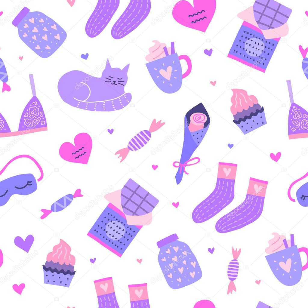 Seamless pattern with cute doodles in violet, pink and blue colors for Hygge Valentine's day.