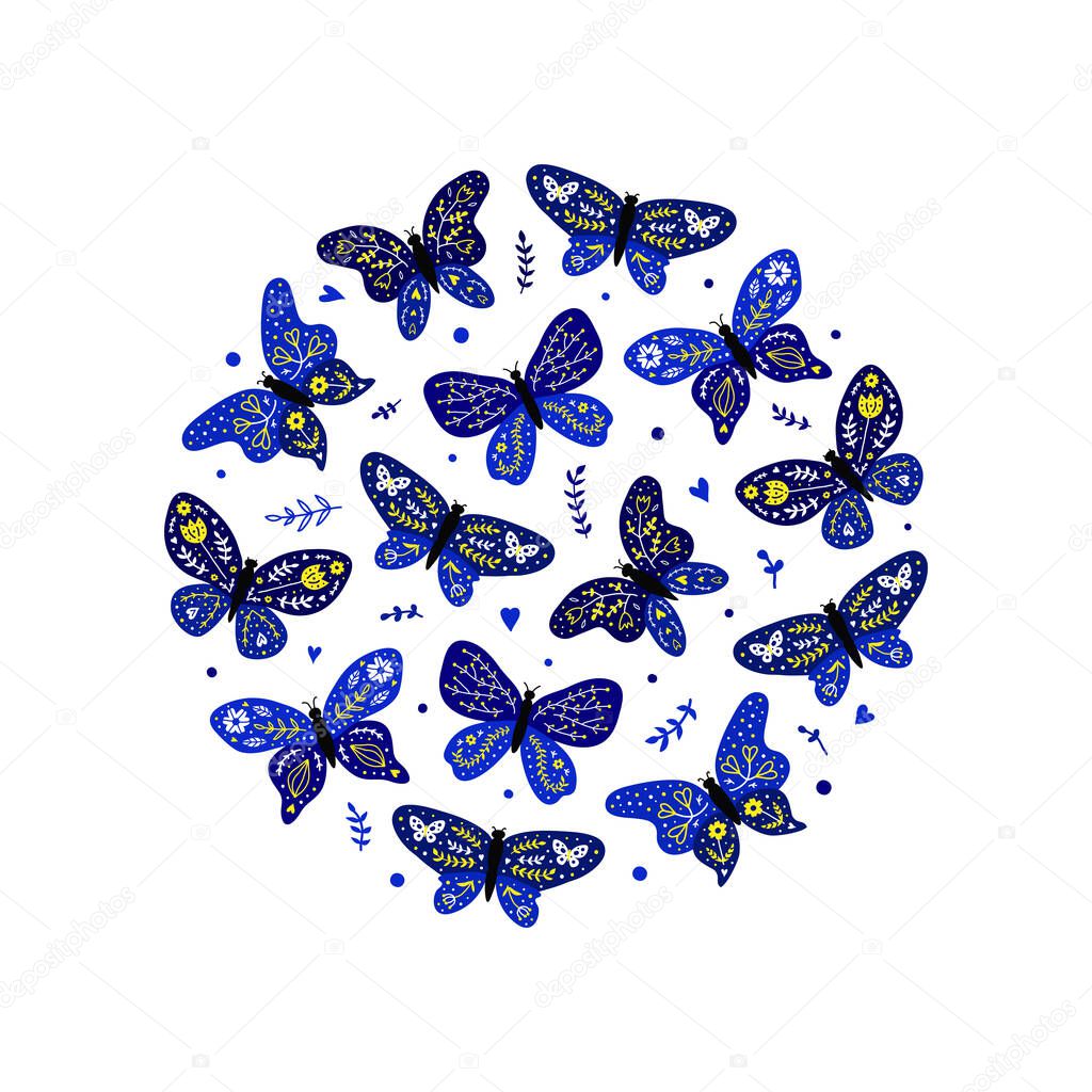 Blue doodle butterflies with floral decor in Scandinavian folk style composed in circle shape.