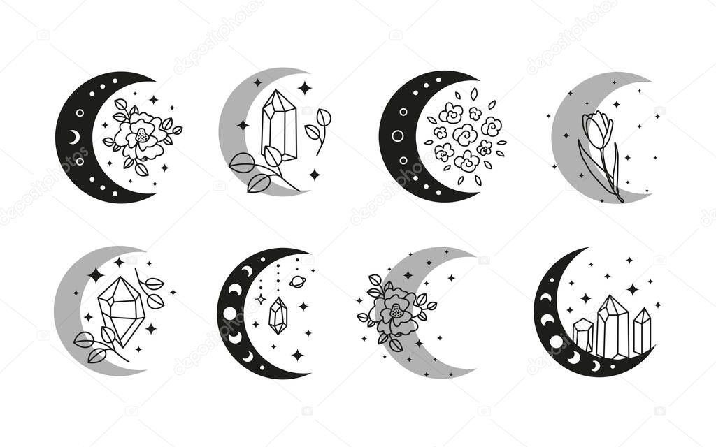 Set of boho moon crescents with outline crystals, leafy branches, flowers and stars isolated on white background. Witchy luna. Alchemy esoteric magic talisman. Mystical symbol.