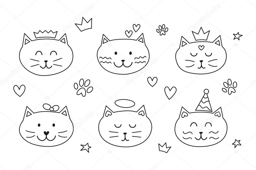 Set of outline cat faces with doodles and hearts, paws around in Scandinavian style isolated on white background. Cute animal character. Great for baby shower.